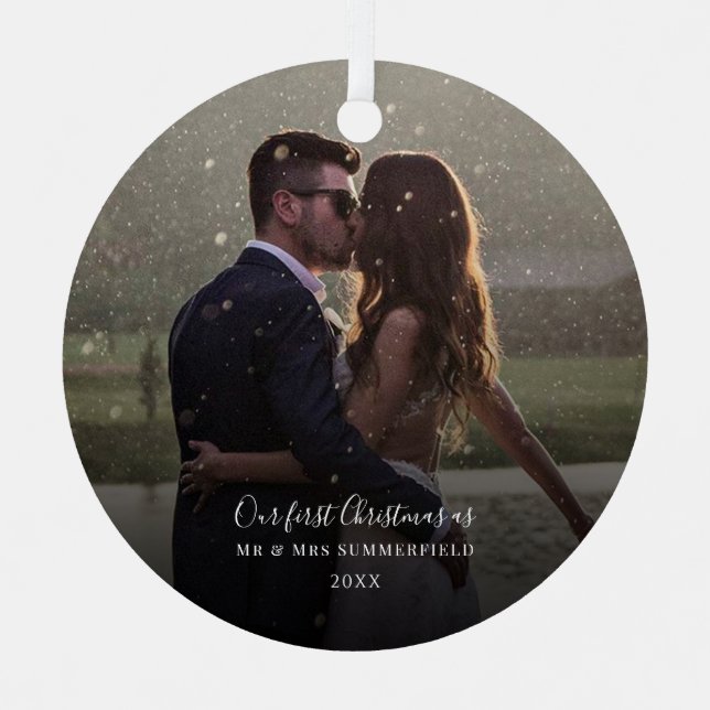 Adorno Metálico Primer Boda de Navidad Photo Keepsake (Anverso)