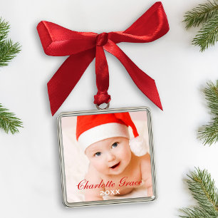 Adorno Metálico Primer guión rojo de Navidad Monograma Foto de beb