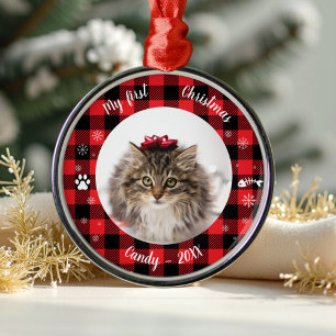 Adorno Metálico Primer Mascota de Navidad Foto Rustic Buffalo Chec