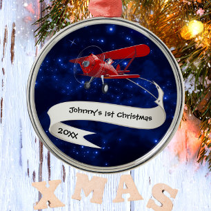 Adorno Metálico Primer Navidad Niño Avión Santa Claus Aviación