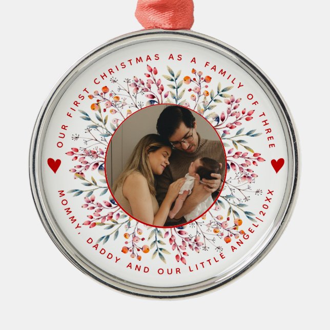 Adorno Metálico Primera familia navideña de tres fotos fronterizas (Frente)