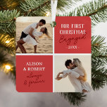 Adorno Metálico Primera festividad roja de fotos entrelazadas de N<br><div class="desc">¡Celebra tu primera Navidad comprometida de una manera verdaderamente única y especial! Nuestro adorno navideño moderno incluye dos preciadas fotos, adornadas con deliciosos cuadrados rojos y el reconfortante mensaje "nuestra primera navidad enredada". Personalizado con el año y los nombres, este adorno no no es solamente una decoración, sino un gran...</div>