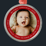 Adorno Metálico Primera foto del bebé rojo en Navidad 1 fecha de n<br><div class="desc">Celebra la primera fiesta de tu pequeña con este Ornamento de Fiesta de Ferias de Primera Navidad de un bebé rojo. Este adorable sake cuenta con un espacio que personalizar con la foto de su bebé y la fecha de nacimiento, lo que hace que sea un recuerdo preciado de su...</div>