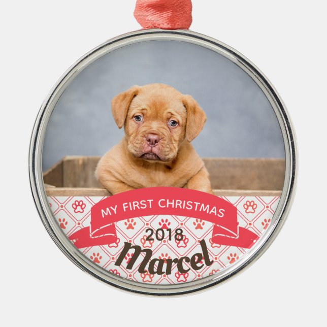 Adorno Metálico Primera foto del navidad del perrito personalizado (Frente)