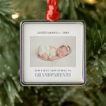 Adorno Metálico Primera Navidad: Abuelos, bebé, foto<br><div class="desc">Nuestro ornamento fotográfico es un recuerdo perfecto para nunca olvidar tu Primera Navidad como abuelo y abuela. Elige las mejores fotos de tu querida sobrina y adorna tu árbol de Navidad!! Crea un regalo dulce para los recién abuelos : "Los ABUELOS aparecen debajo de tu foto con letras azul claro...</div>