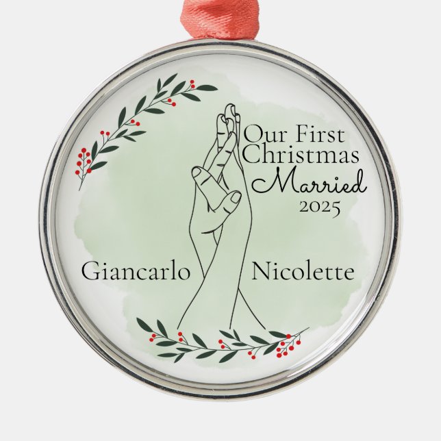 Adorno Metálico Primera Navidad casada con manos entrelazadas (Frente)