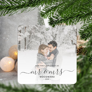 Adorno Metálico Primera Navidad Casados Personalizada Foto Gris Sc