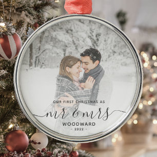 Adorno Metálico Primera Navidad de Casados Personalizada Foto Gris