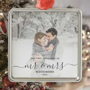 Adorno Metálico Primera Navidad de Casados Personalizada Foto Gris