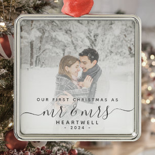 Adorno Metálico Primera Navidad de Casados Personalizada Foto Gris