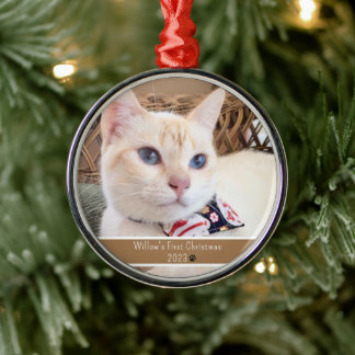 Adorno Metálico Primera Navidad de un gato fotográfico personaliza