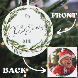 Adorno Metálico Primera Navidad del bebé, Mistletoe Wreath and Pho