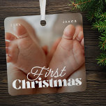 Adorno Metálico Primera Navidad Elegante Personalizado moderno fot<br><div class="desc">El diseño está compuesto por una tipografía moderna de moda con fuentes sans serif y serif. Añadir una foto personalizado del bebé y del año.</div>