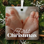 Adorno Metálico Primera Navidad Elegante Personalizado moderno fot<br><div class="desc">El diseño está compuesto por una tipografía moderna de moda con fuentes sans serif y serif. Añadir una foto personalizado del bebé y del año.</div>
