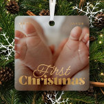 Adorno Metálico Primera Navidad Elegante Personalizado moderno fot<br><div class="desc">El diseño está compuesto por una tipografía moderna de moda con fuentes sans serif y serif. Añadir una foto personalizado del bebé y del año.</div>