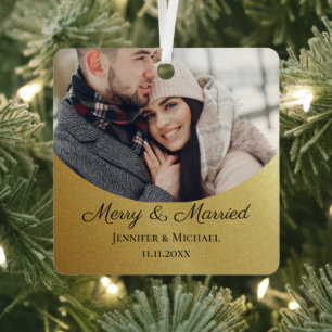 Adorno Metálico Primera Navidad Feliz y Casado Foto Metal Dorado