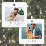 Adorno Metálico Primera Navidad juntos Photo Keepsake<br><div class="desc">Este adorno cuadrado de Navidad es una manera simple y elegante de celebrar tu primera temporada navideña juntos en pareja. En él se muestra una foto horizontal a cada lado, ambas enmarcadas con un borde blanco limpio alrededor de los bordes para un aspecto pulido. En el frente, "Our First Christmas...</div>