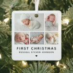 Adorno Metálico Primera Navidad moderna 5 fotos<br><div class="desc">Modernas 5 fotos múltiples en una cuadrícula mostrando tus fotos favoritas de recién nacidos para su primer adorno metalizado de Navidad.</div>