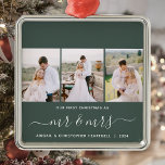 Adorno Metálico Primera Navidad Mr. y Mrs. 3 Photo Script Green<br><div class="desc">Conmemorar tu primera Navidad como recién casados con este hermoso adorno de keepsake moderno. El texto en blanco dice "Nuestra primera Navidad como, " con las palabras "mr & mrs" en un elegante guión de escritura a mano con flores antes y después. Reemplace las tres imágenes de ejemplo con sus...</div>