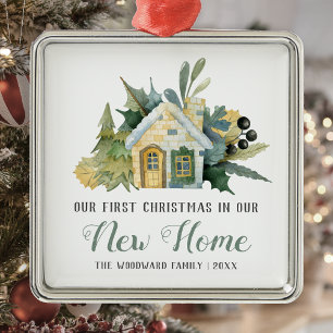 Adorno Metálico Primera Navidad Nuevo Hogar Acuarela Casa Verde