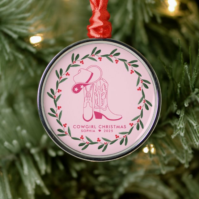Adorno Metálico Primera niña Navidad Bota de vaquero rosa (Árbol)