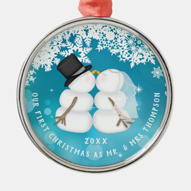 Adorno Metálico Primeras Navidades de la nueva pareja de nieve (Frente)