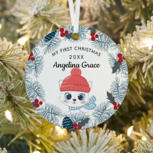 Adorno Metálico Primeros Navidades del bebé gato de esquí