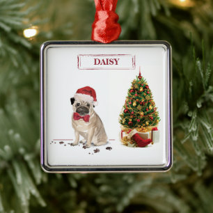 Adorno Metálico Pug graciosos Navidades perro con árbol
