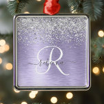 Adorno Metálico  Purple Brushed Metal Silver Glitter Monogram Name<br><div class="desc">Easily personalize this trendy chic ornament design featuring pretty silver sparkling glitter on a purple brushed metallic background.</div>