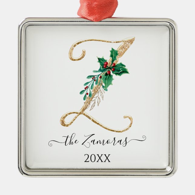 Adorno Metálico Purpurina Monograma Z Dorado Navidades Holly Folia (Frente)