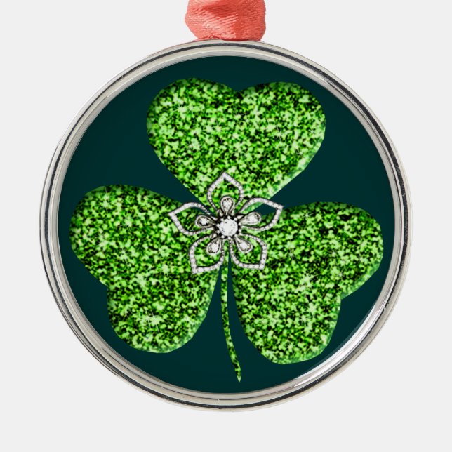 Adorno Metálico Purpurina Shamrock and Flower Round Ornament (Frente)