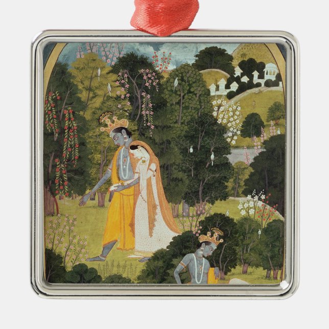 Adorno Metálico Radha y Krishna que caminan en una arboleda (Frente)