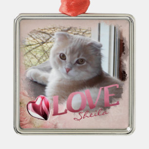 Adorno Metálico Recuerdo de Foto de Mascota, Amor y Corazón, Rosa