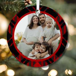 Adorno Metálico Red Black Tartan Plaid Family Photo Ornament