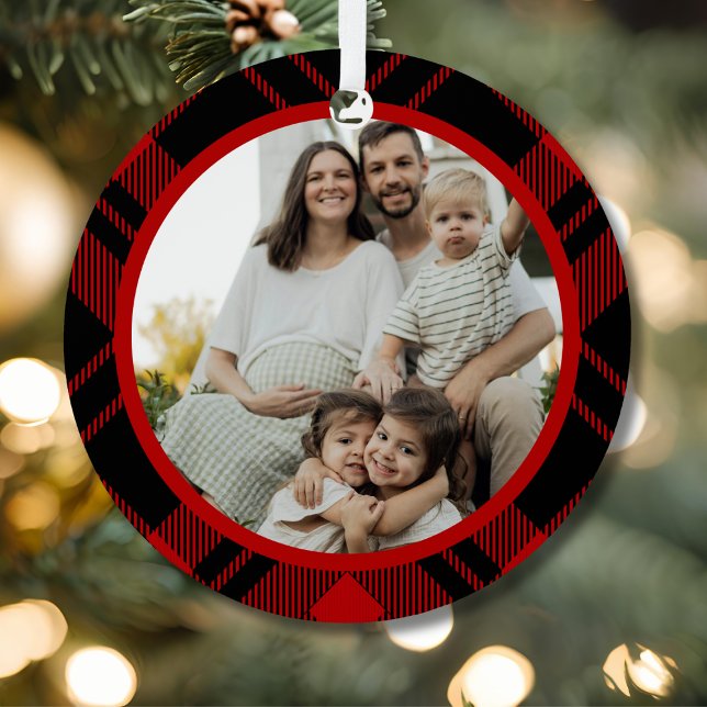 Adorno Metálico Red Black Tartan Plaid Family Photo Ornament (Subido por el creador)