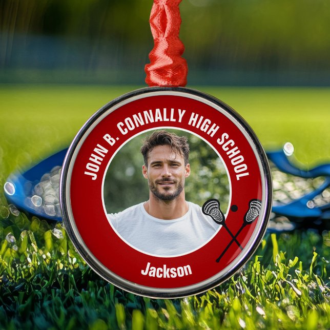 Adorno Metálico Red Lacrosse Player Photo High School Christmas (Subido por el creador)