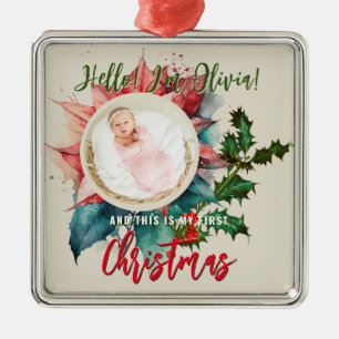 Adorno Metálico Red Poinsettia Mistletoe Nombre del bebé Navidades