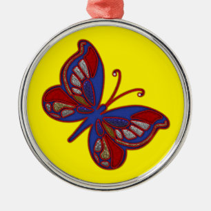 Adorno Metálico Red White Blue Butterfly-Yellow Round Ornament
