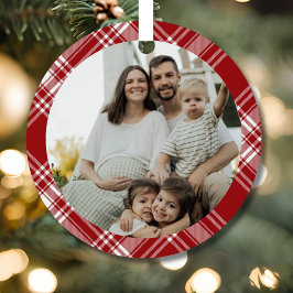 Adorno Metálico Red White Tartan Plaid Family Photo Ornament
