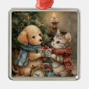 Adorno Metálico Regalo de cachorro y gatito de Navidad