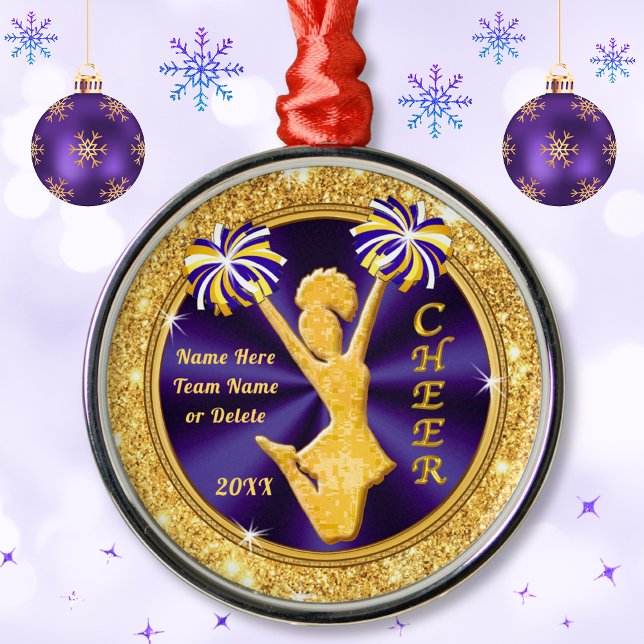 Adorno Metálico Regalos de Navidades de Alegre personalizados púrp (Cheerleader Christmas Tree Ornaments. Awesome, Personalized Senior Cheer Gifts. Cheerleader gifts.)