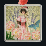 Adorno Metálico Regencia de mujeres victorianas con flores rosadas<br><div class="desc">Un rico y elegante tema de la era victoriana,  con una magnífica pintura de J. Barrick (1908) y flores de collage en descomposición,  mariposa,  fondo y remolinos de William Morris.</div>