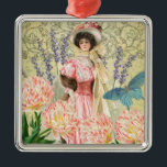 Adorno Metálico Regencia de mujeres victorianas con flores rosadas<br><div class="desc">Un rico y elegante tema de la era victoriana,  con una magnífica pintura de J. Barrick (1908) y flores de collage en descomposición,  mariposa,  fondo y remolinos de William Morris.</div>