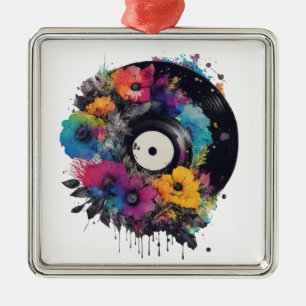 Adorno Metálico Registro de vinilo con flores de colores