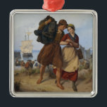Adorno Metálico Regreso a casa de pescadores (por Rudolf Jordan)<br><div class="desc">Este diseño presenta un cuadro del artista alemán Rudolf Jordan (1810-1887). Representa a un pescador sosteniendo la mano de su querida novia o esposa mientras regresa de un largo viaje. El barco de vela del que el pescador ha desembarcado recientemente se puede ver en segundo plano. También se puede ver...</div>