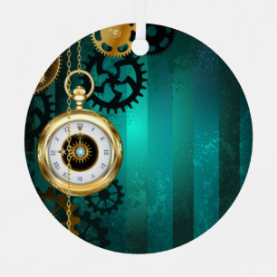 Adorno Metálico Reloj de joyería Steampunk sobre un fondo verde