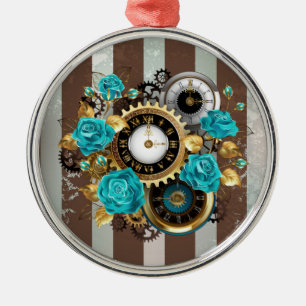 Adorno Metálico Reloj Steampunk y Rosas Turquesas sobre Rayas