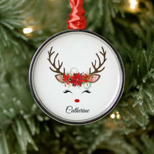 Adorno Metálico Reno de Navidad Floral con Nombre Personalizado