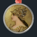 ADORNO METÁLICO RETRATO DE ATHENA CON EL CASCO DE ORO Y GRYPHONS<br><div class="desc">Diseño azul elegante del monograma de la piedra de gema del zafiro 3D con la miniatura de Nouveau del arte del esmalte del oro.: Athena. Ornamento artístico del navidad del día de fiesta, </div>
