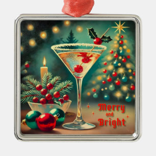 Adorno Metálico Retro 50s Cóctel Martini de Navidad Alegre y Brill